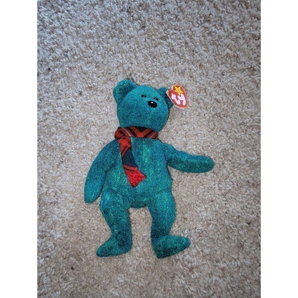 Ty Beanie Baby 8" Green Bear Wallace with Scarf